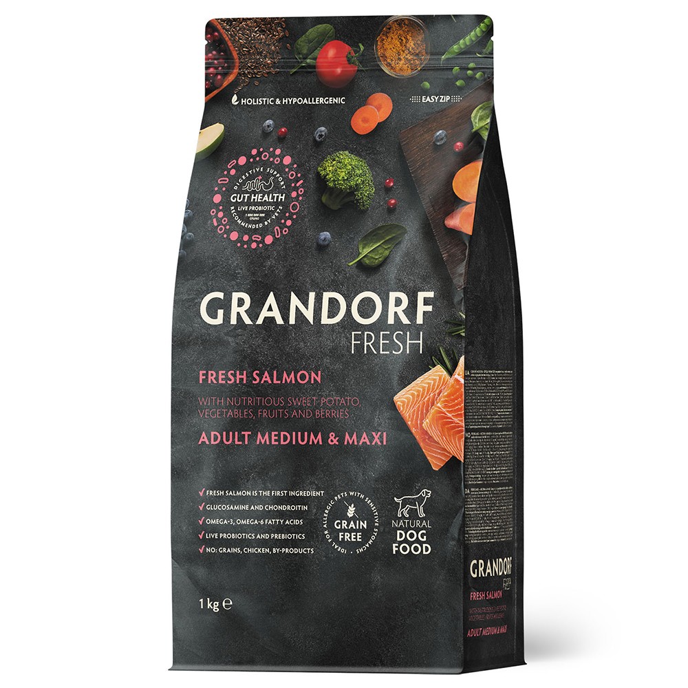 Беззерновой корм с живыми пробиотиками для собак GRANDORF Fresh Dog Med&Maxi для ср.и кр.пород, свежее филе лосося с бататом сух.