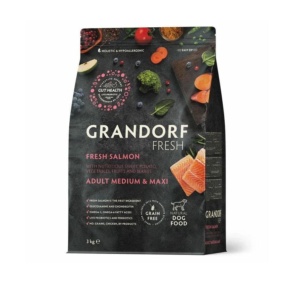 Беззерновой корм с живыми пробиотиками для собак GRANDORF Fresh Dog Med&Maxi для ср.и кр.пород, свежее филе лосося с бататом сух.