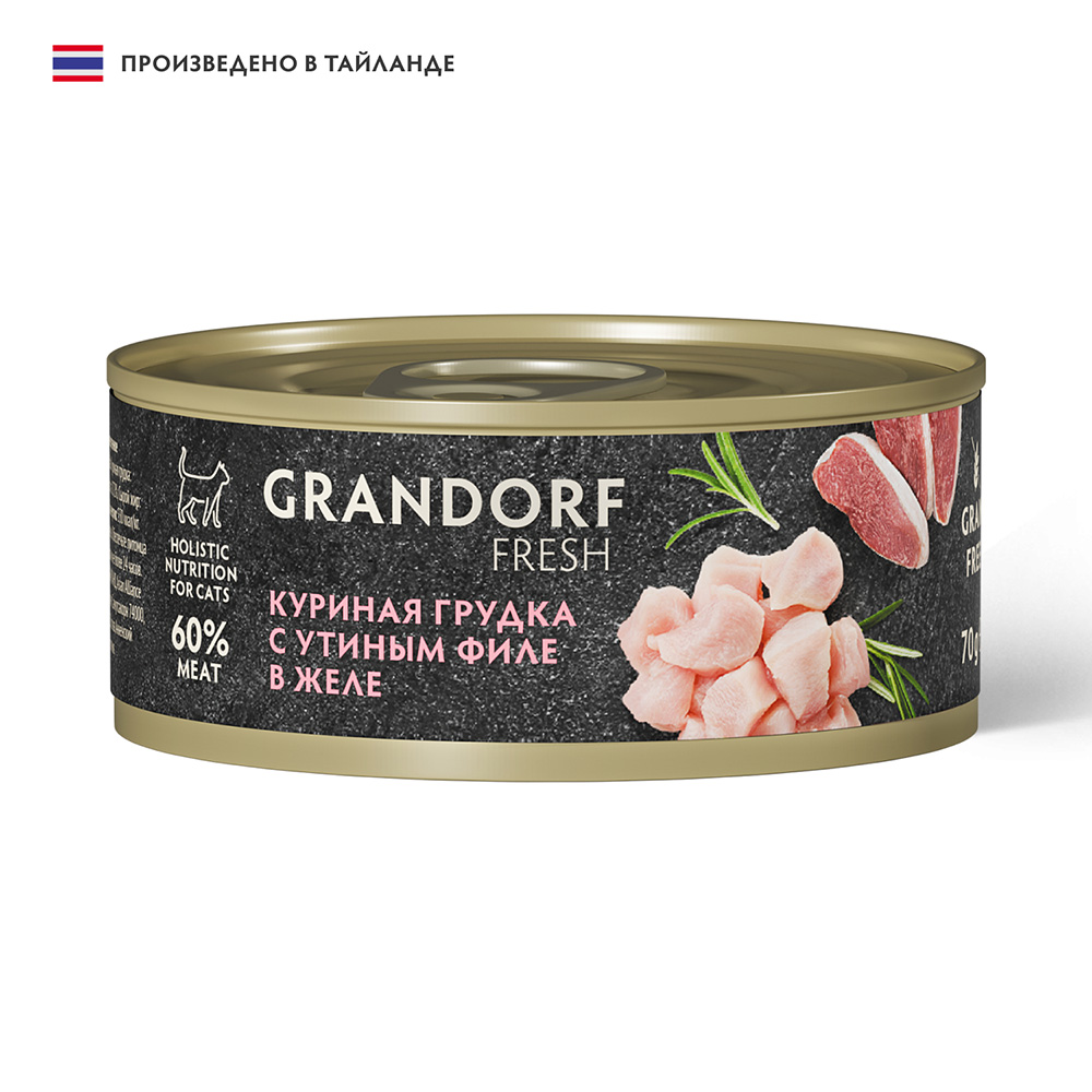 Корм для кошек GRANDORF FRESH Куриная грудка с утиным филе в желе банка