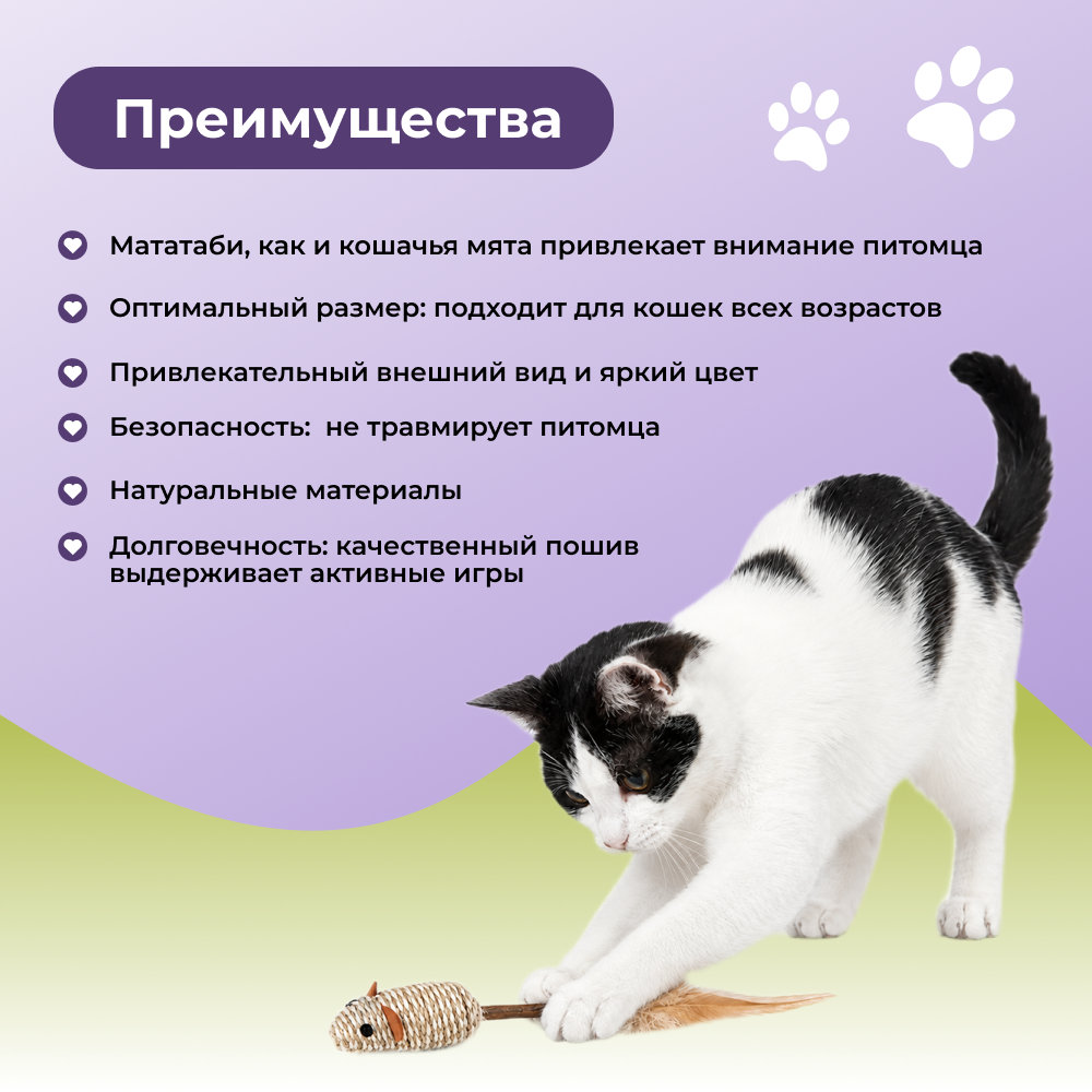 Игрушка для кошек FOXIE Naturalness Плетеная мышка на палочке с перьями и мататаби 20х3см