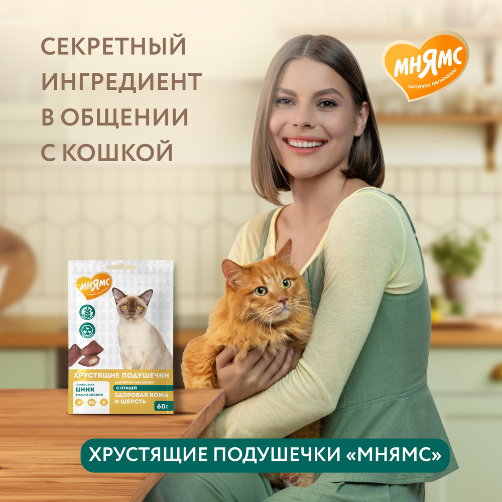 Лакомство для кошек МНЯМС Здоровая кожа и шерсть хрустящие подушечки с птицей