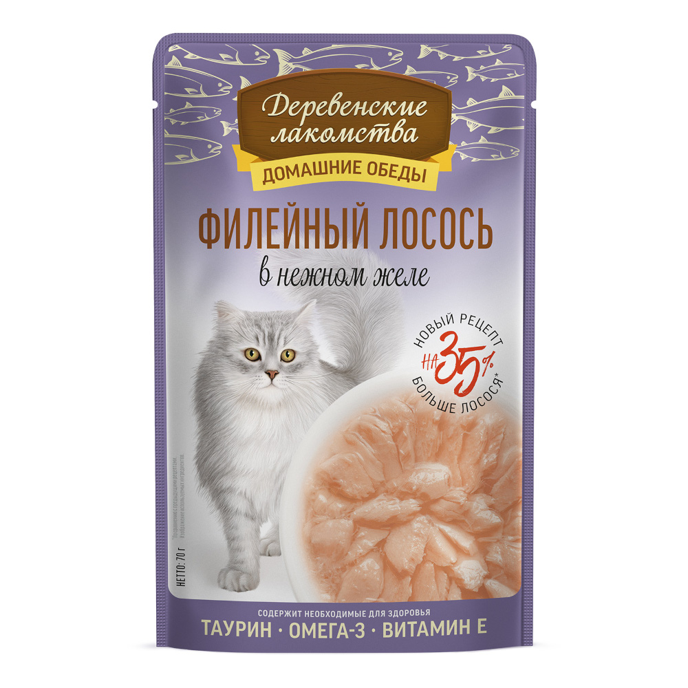 Корм для кошек ДЕРЕВЕНСКИЕ ЛАКОМСТВА Филейный лосось в нежном желе пауч