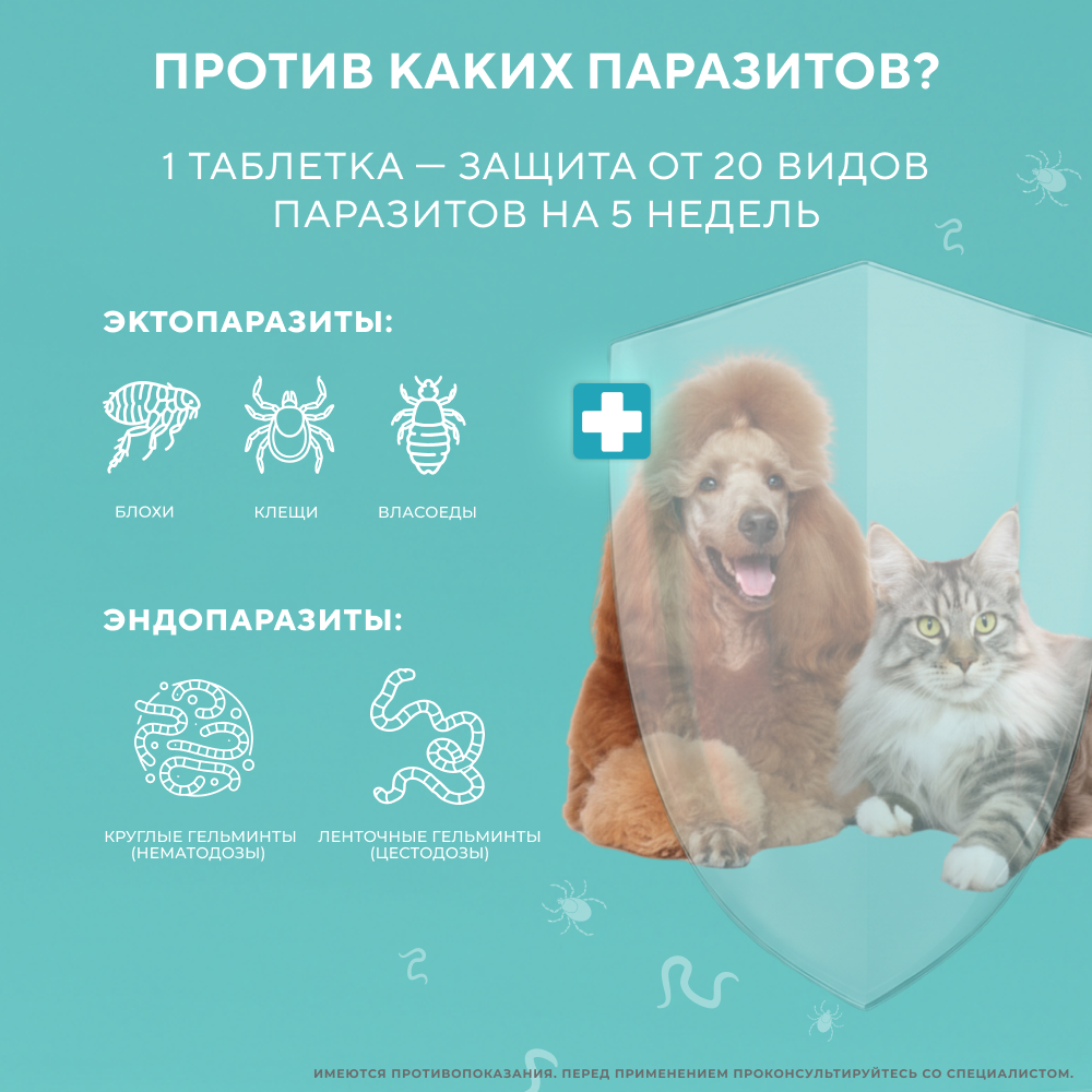 Таблетки от клещей, блох и глистов для кошек и собак INSPECTOR Quadro Tabs 8-16кг