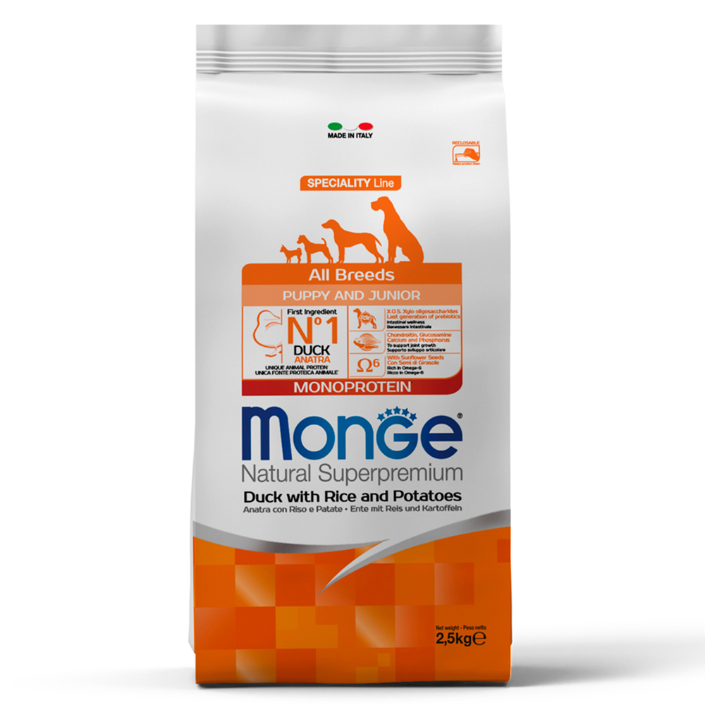 Корм для щенков MONGE Dog Speciality Line Monoprotein утка с рисом и картофелем сух.