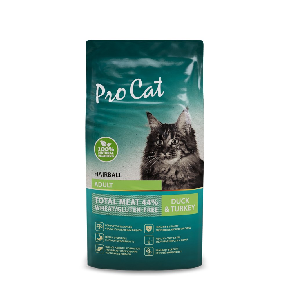 Корм для кошек PRO CAT для вывода шерсти, утка с индейкой сух.