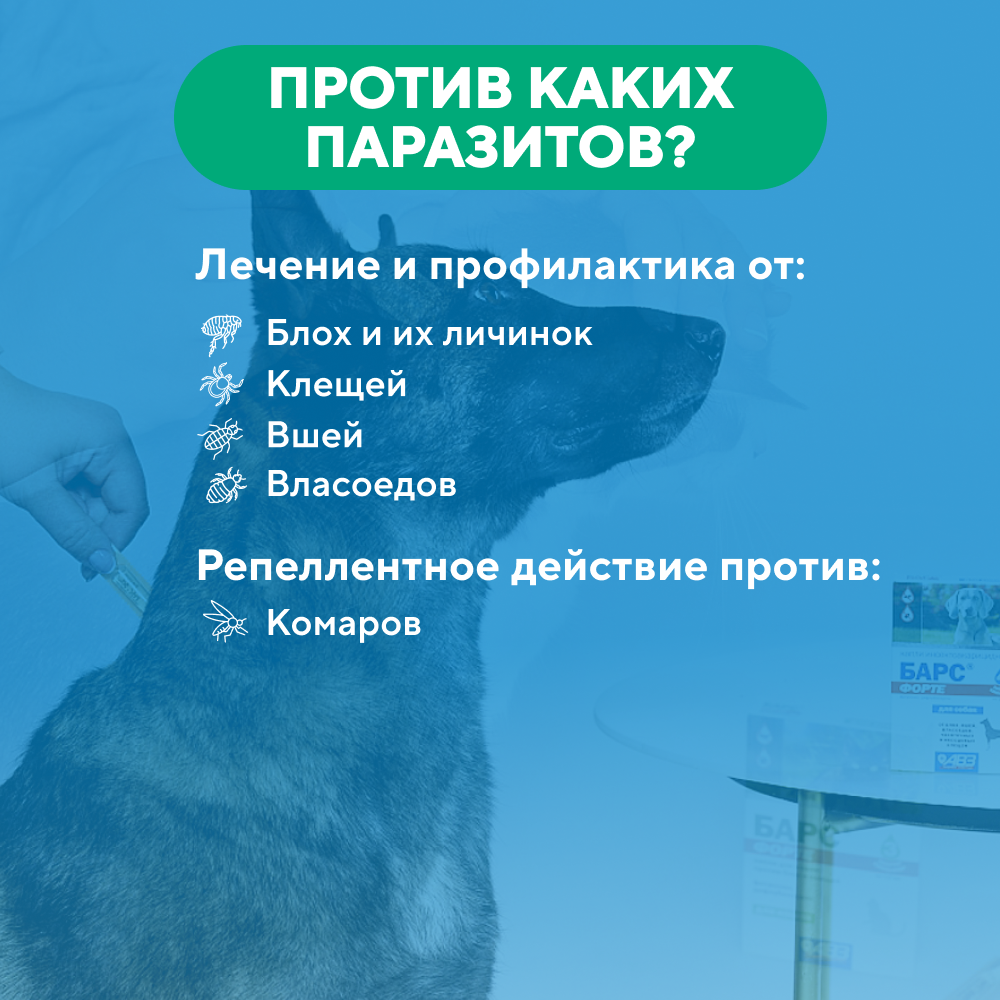 Капли для собак АВЗ БАРС от блох, клещей, вшей и комаров 0,67мл, 4 пипетки