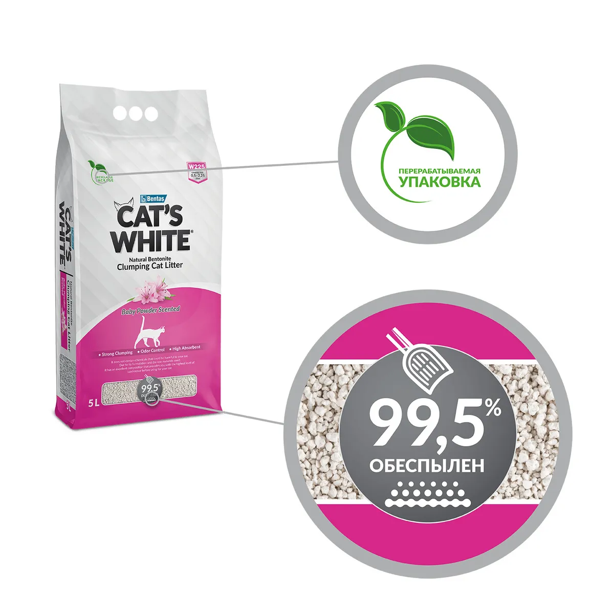 Наполнитель для кошачьего туалета CAT'S WHITE Baby Powder комкующийся с ароматом детской присыпки 5л