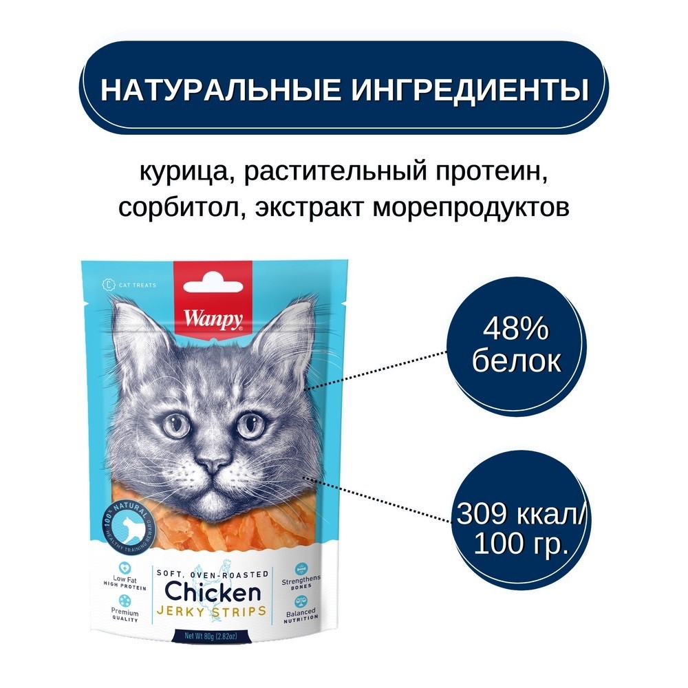 Лакомство для кошек WANPY Cat мягкая вяленая соломка из курицы