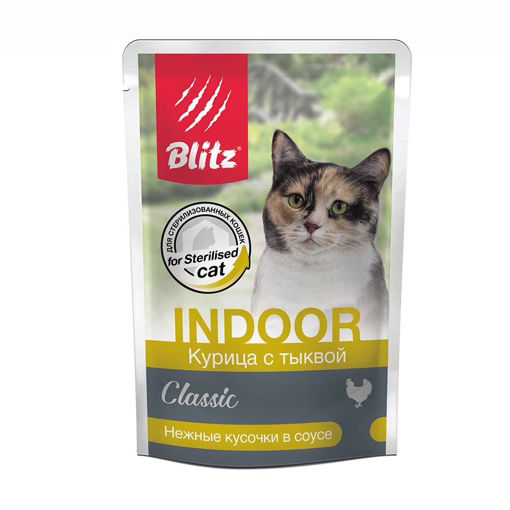 Корм для кошек BLITZ Classic для стерил.живущих в помещении,курица с тыквой кусочки в соусе пауч