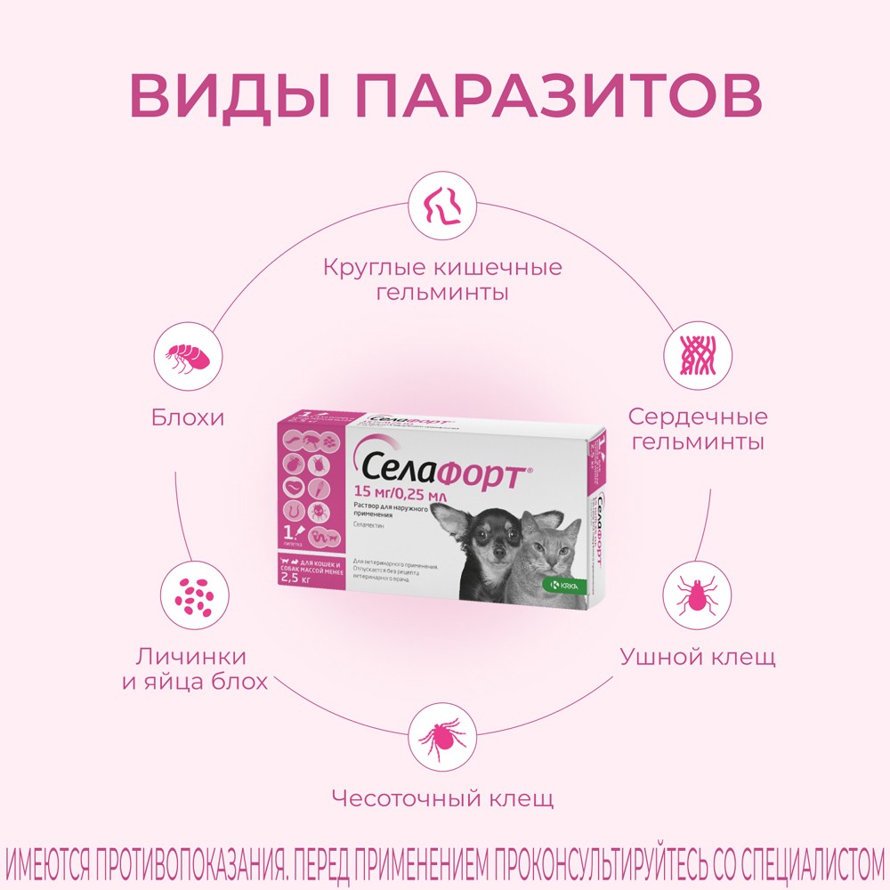 Капли для собак и кошек KRKA Селафорт от ушных и чесоточ.клещей, блох, гельм до 2,5кг (15мг) 1 уп.