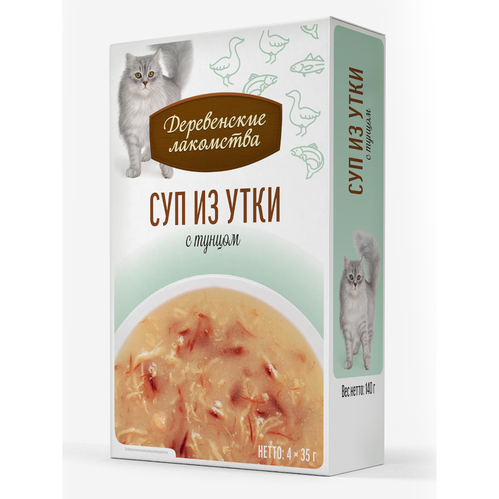 Корм для кошек ДЕРЕВЕНСКИЕ ЛАКОМСТВА Суп из утки с тунцом пауч 35гх4шт