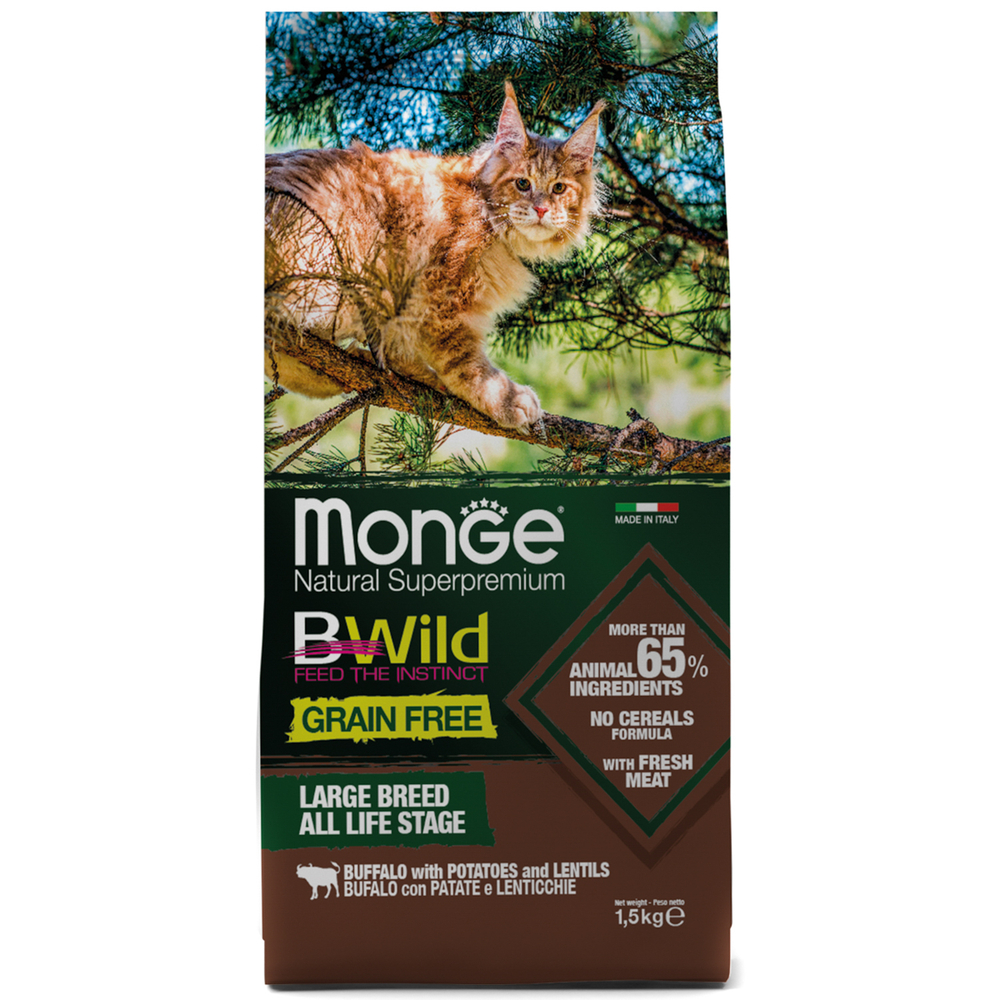 Корм для котят и кошек MONGE Cat BWild Grain Free для крупных пород, мясо буйвола сух.