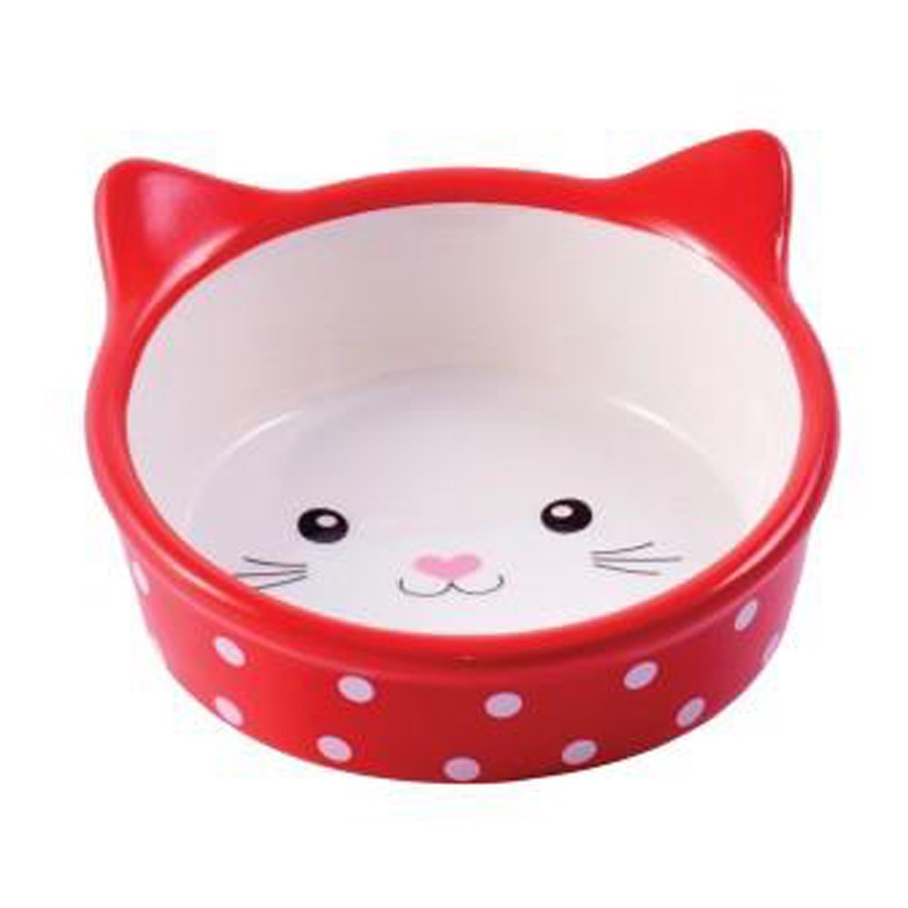 Миска для кошек MR.KRANCH Мордочка кошки керамическая красная в горошек 250мл