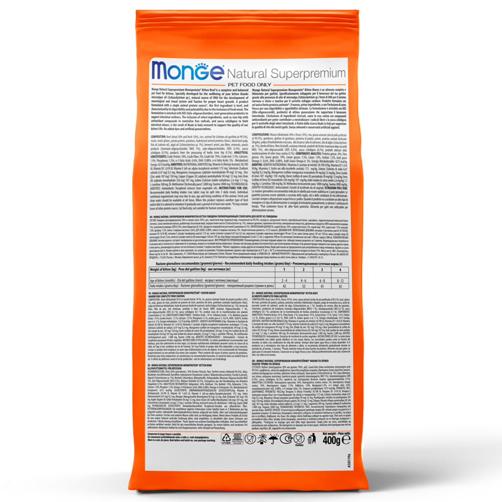 Корм для котят и беременных кошек MONGE Cat Speciality Line Monoprotein из утки сух.