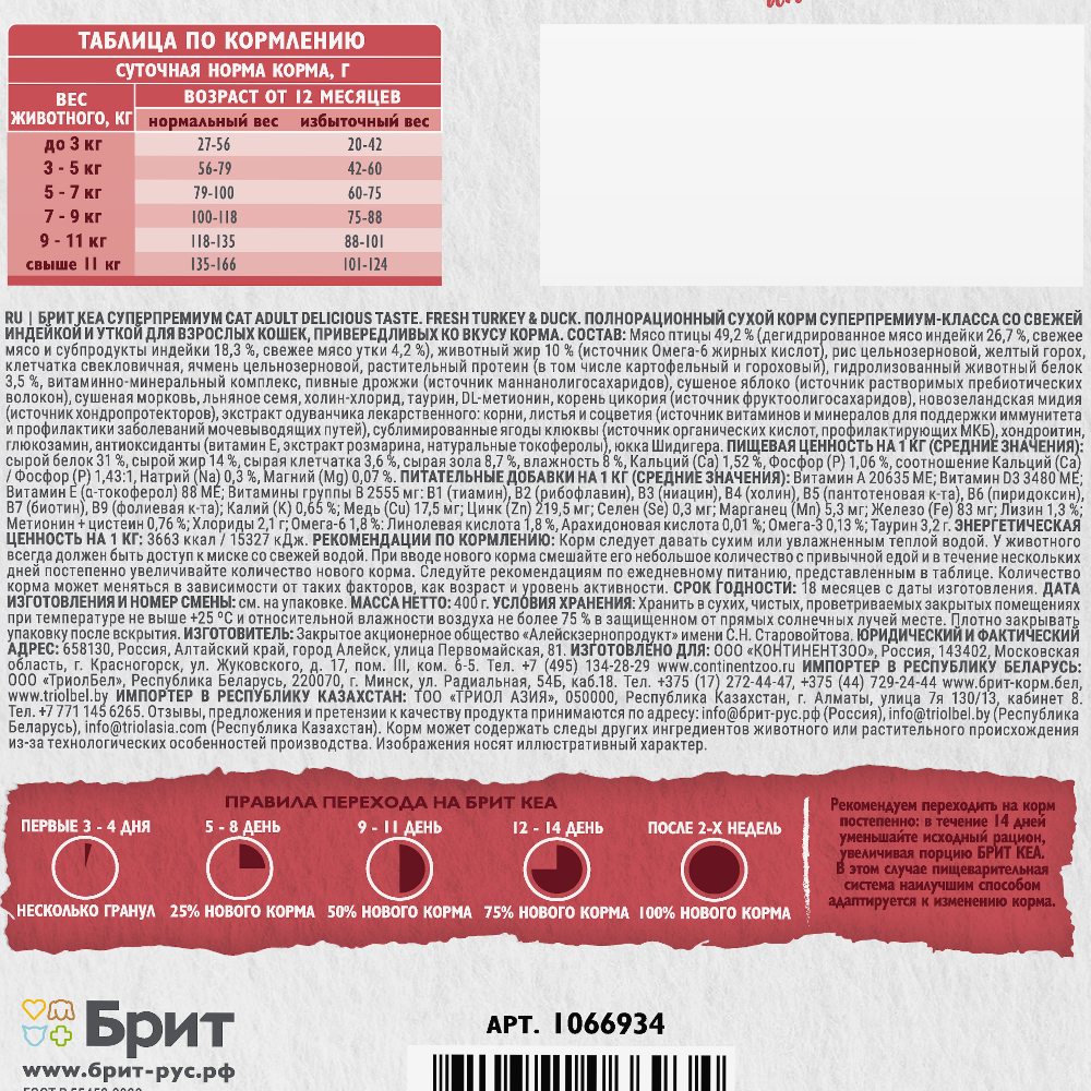 Корм для кошек БРИТ Кеа для привередливых, с индейкой и уткой сух.