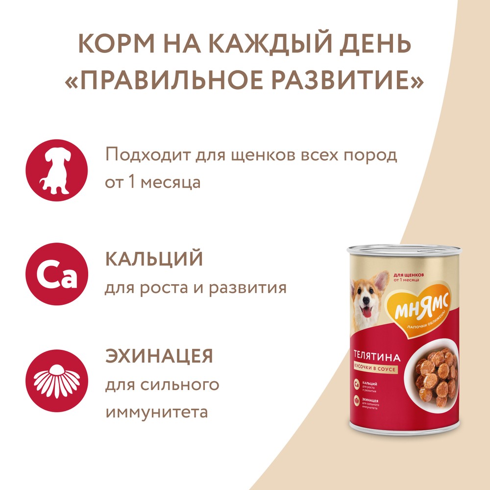 Корм для щенков МНЯМС Правильное развитие кусочки в соусе с телятиной банка