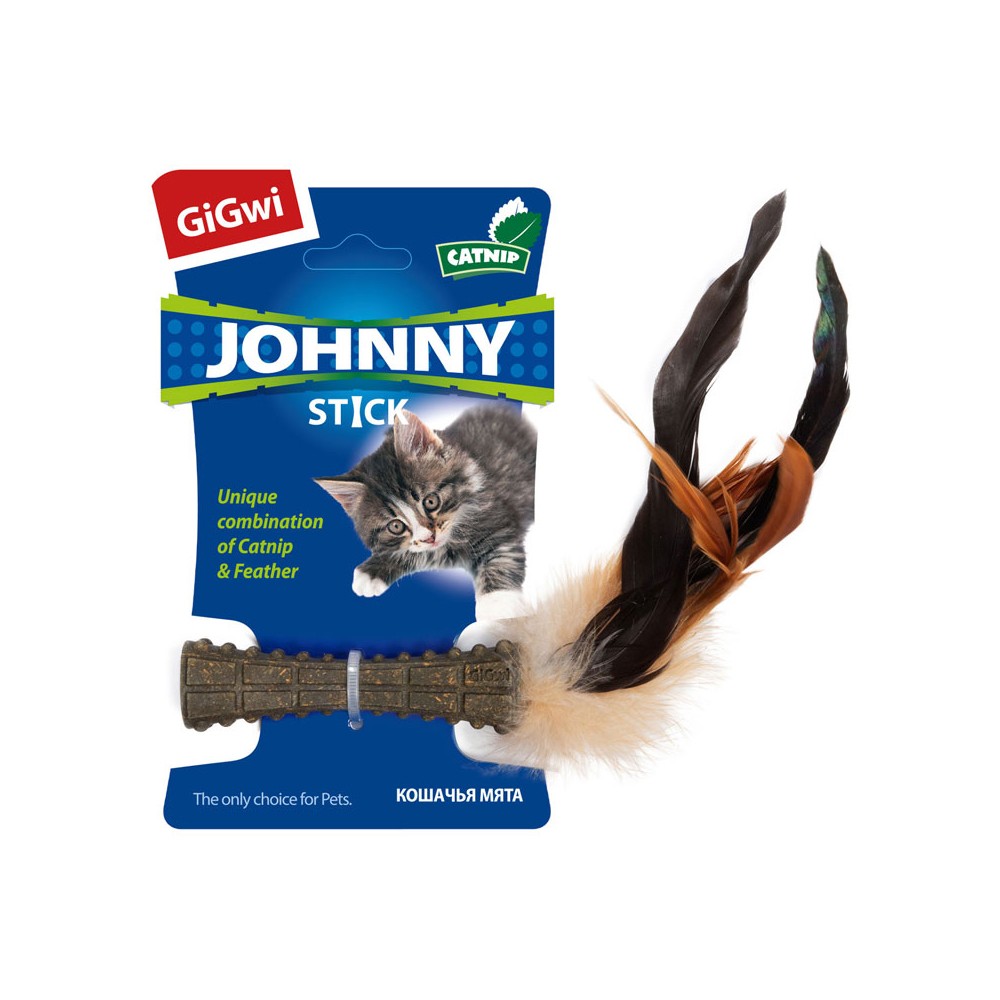 Игрушка для кошек GIGWI Johnny Stick Спрессованная кошачья мята с перьями 8см