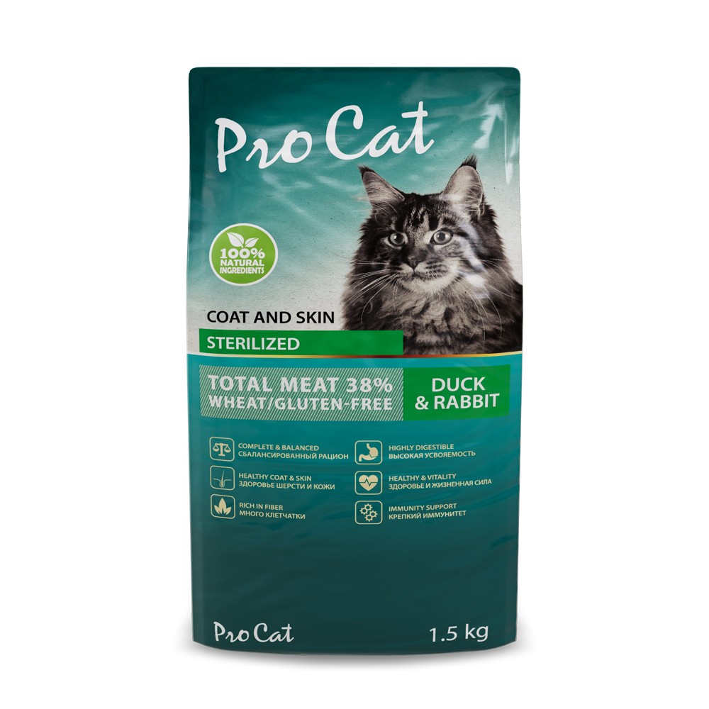 Корм для кошек PRO CAT для стерилизованных для здоровья кожи и шерсти, утка с кроликом сух.