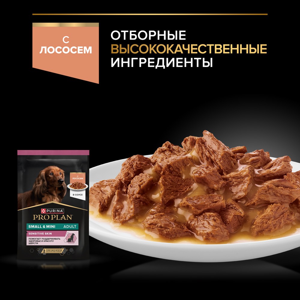 Корм для собак PRO PLAN Sensitive Skin для мелких и карликовых пород, с лососем в соусе пауч