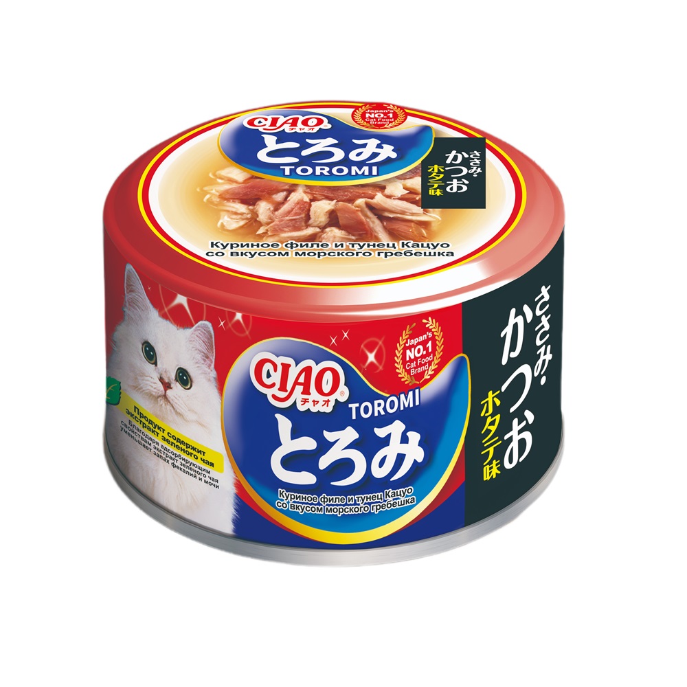Корм для кошек INABA Ciao Toromi куриное филе с тунцом Кацуо и морским гребешком в бульоне банка