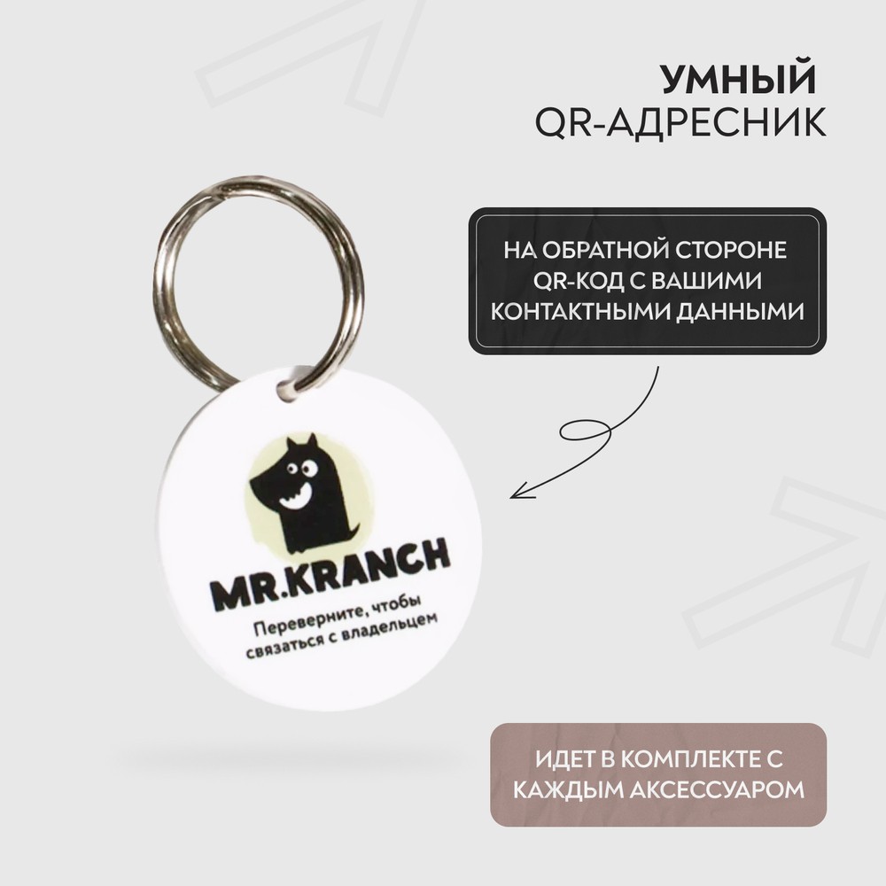 Ошейник для собак MR.KRANCH из натуральной кожи с QR-адресником, бежевый 33-40см