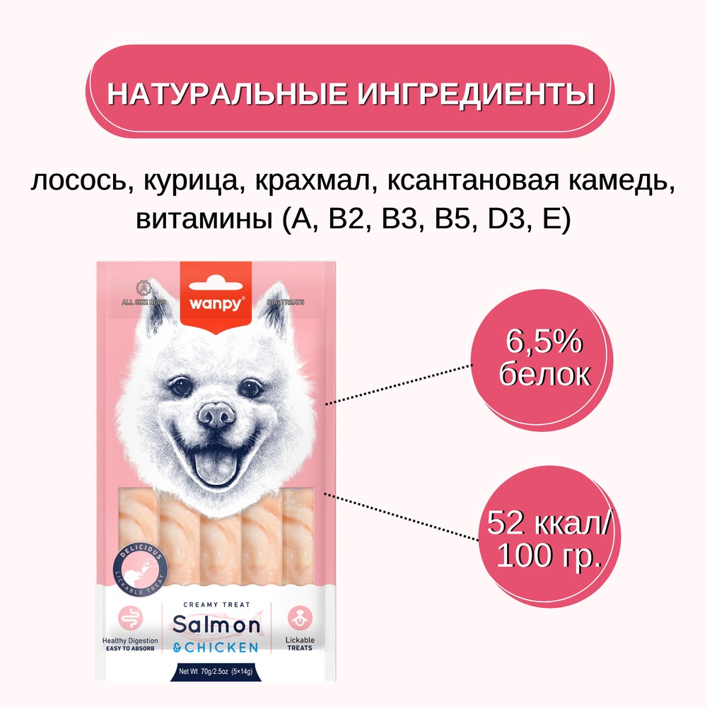 Лакомство для собак WANPY Dog крем-лакомство нежное пюре из лосося и курицы