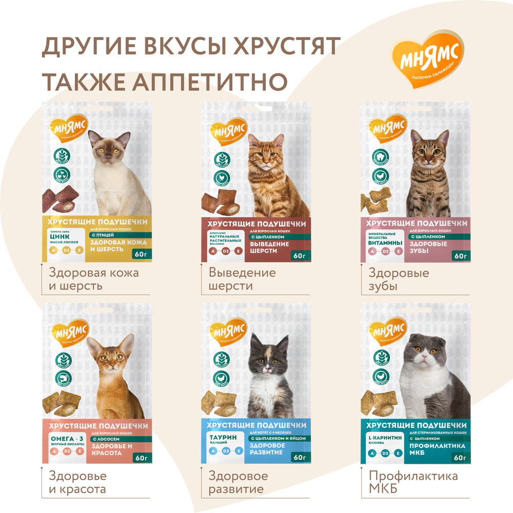 Лакомство для кошек МНЯМС Здоровье и активность хрустящие подушечки с курицей