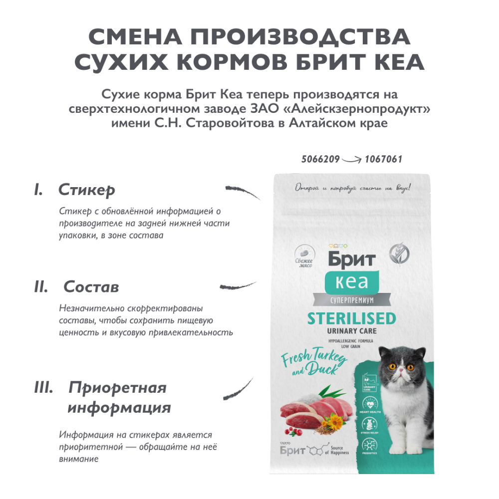 Корм для кошек БРИТ Кеа для стерилизованных, с индейкой и уткой сух.