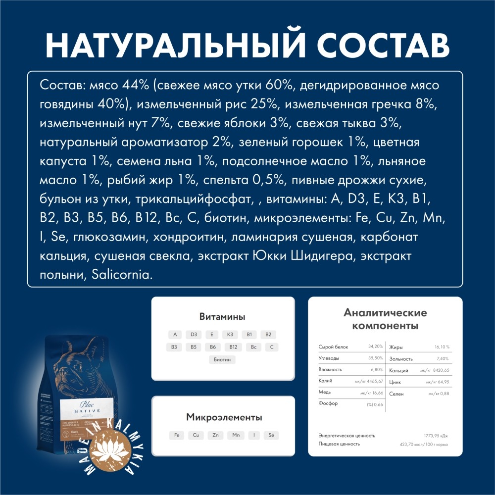 Корм для собак BLUENATIVE для мелких пород, утка сух.