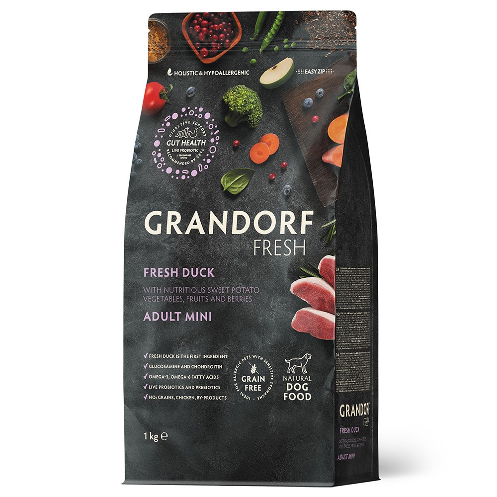 Беззерновой корм с живыми пробиотиками для собак GRANDORF Fresh Dog Mini свежее мясо утки с бататом для мелких пород сух.