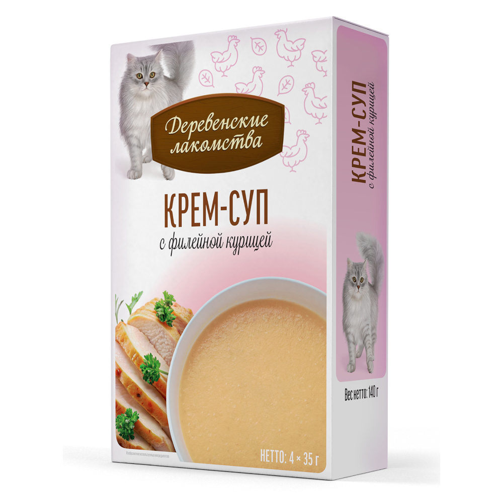 Корм для кошек ДЕРЕВЕНСКИЕ ЛАКОМСТВА Крем-суп с филейной курицей пауч 35гх4шт