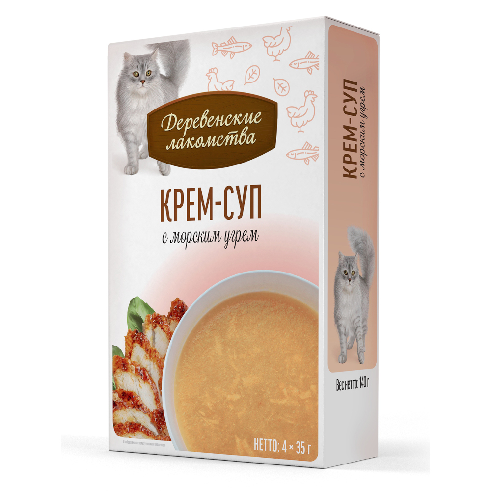 Корм для кошек ДЕРЕВЕНСКИЕ ЛАКОМСТВА Крем-суп с морским угрём пауч 35гх4шт