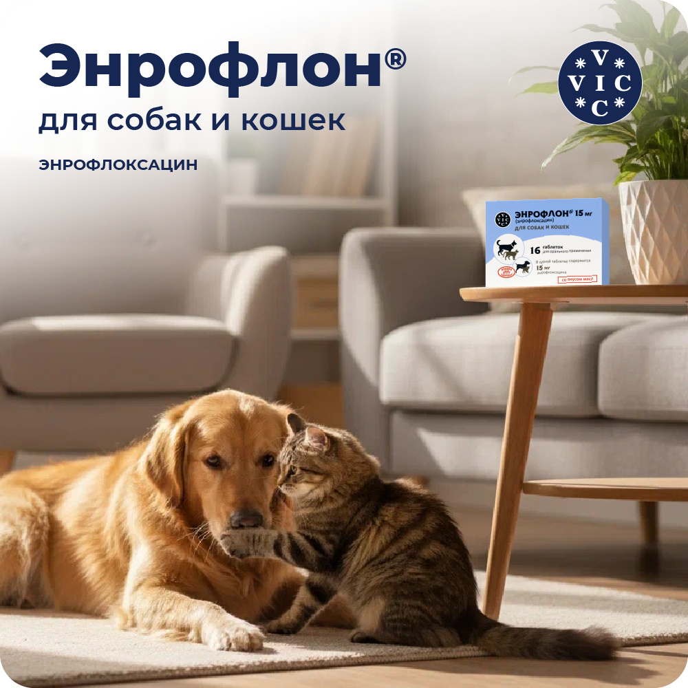 Препарат антимикробный VIC Энрофлон для перорального применения, 15мг, 16табл. (рецепт)