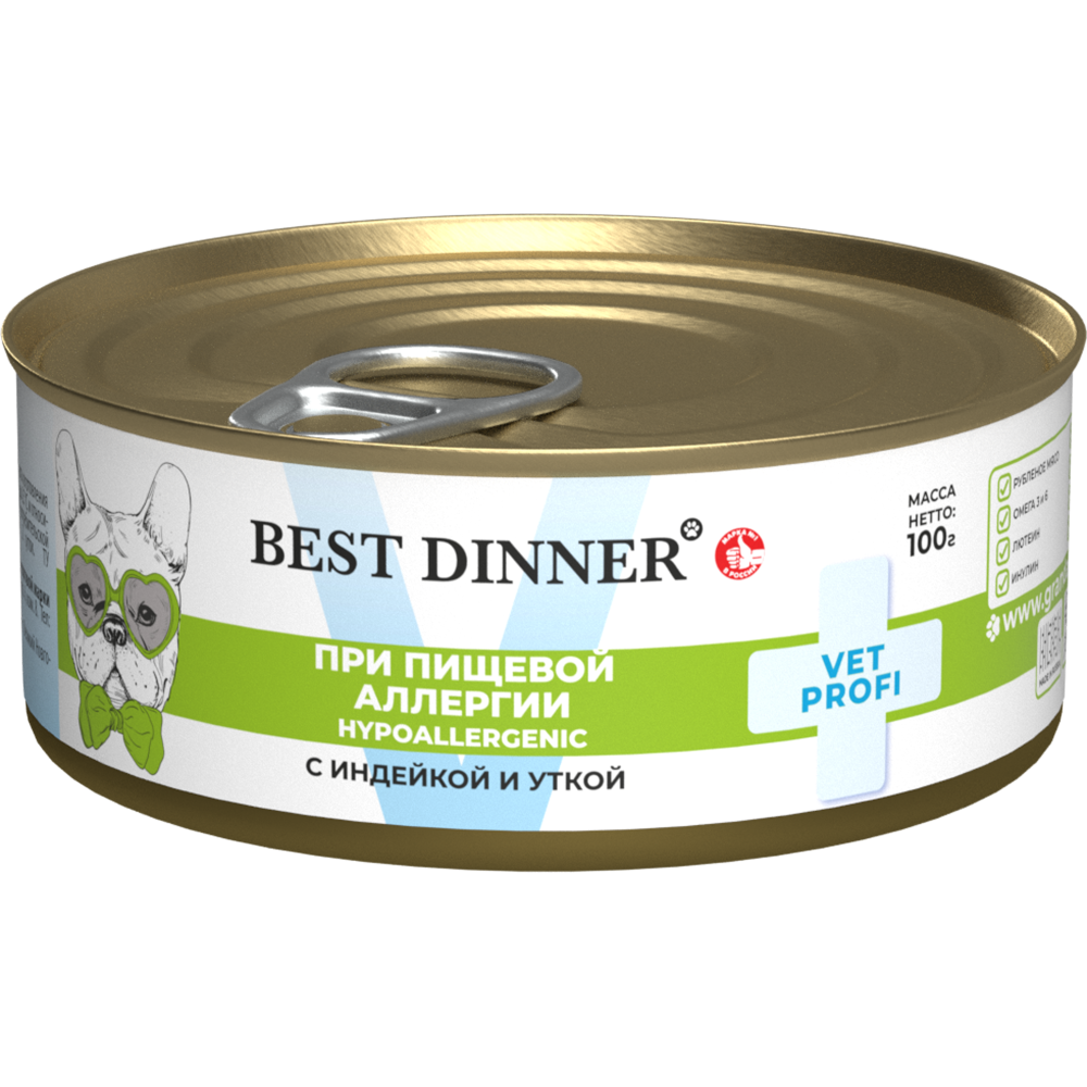 Корм для собак BEST DINNER Exclusive Vet Profi Hypoallergenic при пищ.алл., инд. с уткой банка