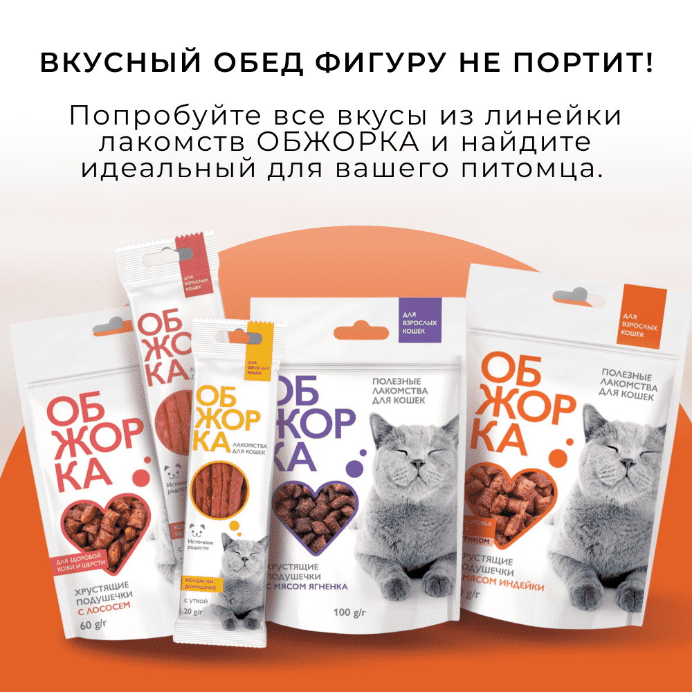 Лакомство для кошек ОБЖОРКА Хрустящие подушечки с мясом индейки для здоровья сердца