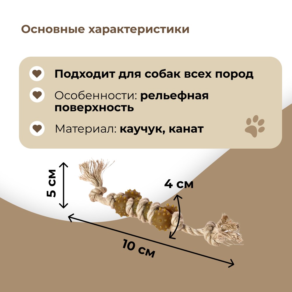 Игрушка для собак FOXIE Naturalness Косточка массажная из каучука с канатом 10х5х4см