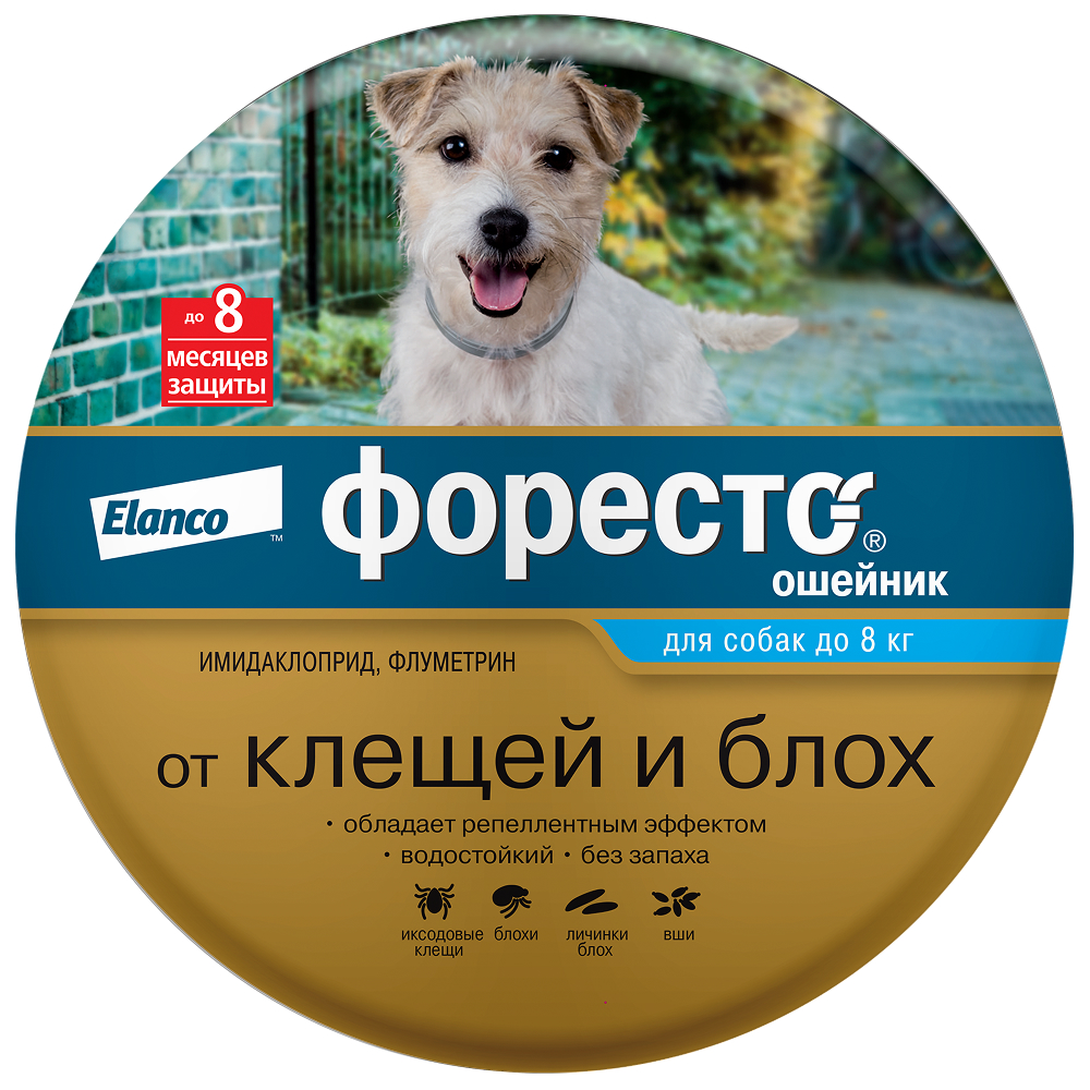 Ошейник для собак ELANCO Форесто до 8кг от клещей, блох и вшей, защита 8 месяцев 38см