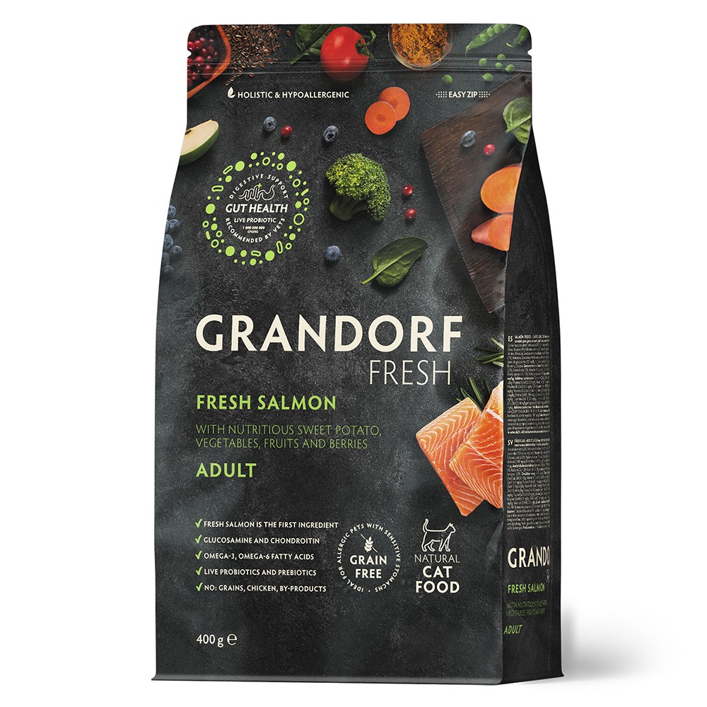 Беззерновой корм с живыми пробиотиками для кошек GRANDORF Fresh Cat Свежее филе лосося с бататом сух.