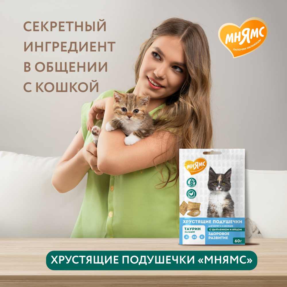 Лакомство для котят МНЯМС Здоровый котенок хрустящие подушечки с цыпленком и яйцом