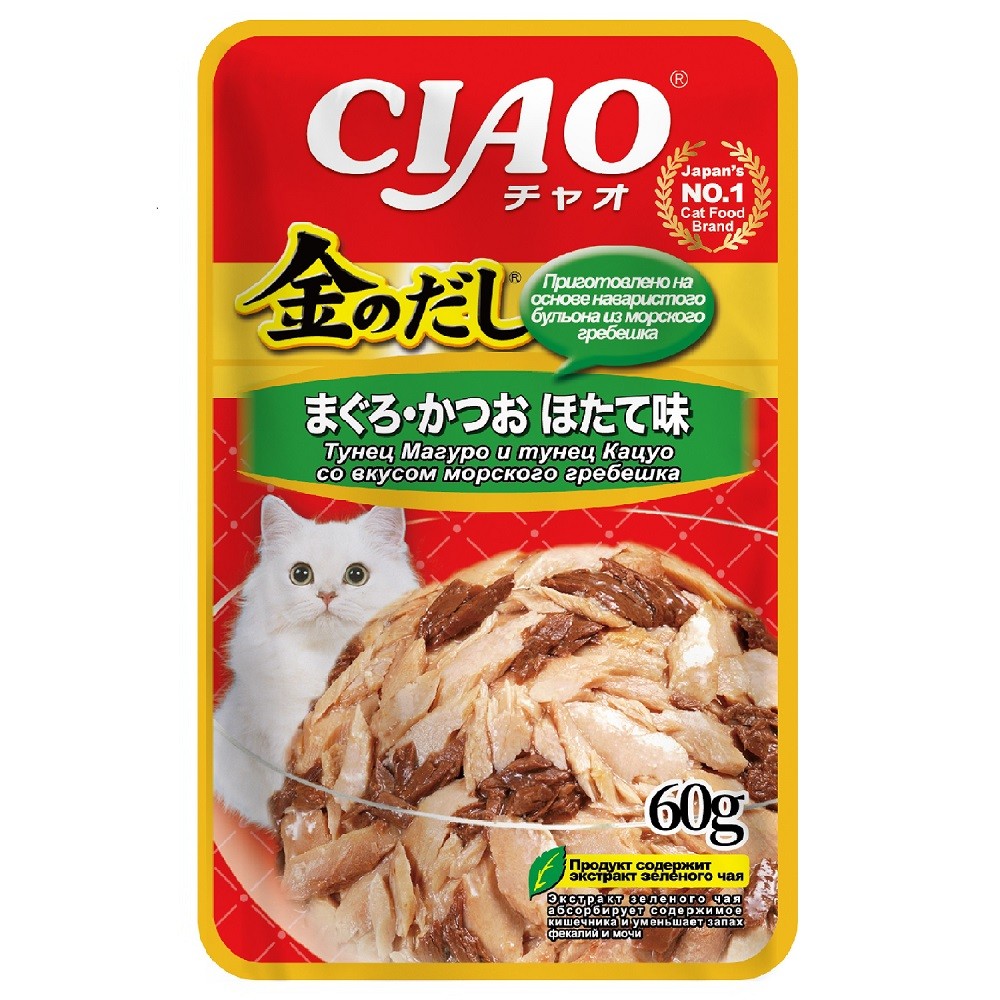 Корм для кошек INABA Kinnodashi тунец Магуро с тунцом Кацуо и морским гребешком пауч