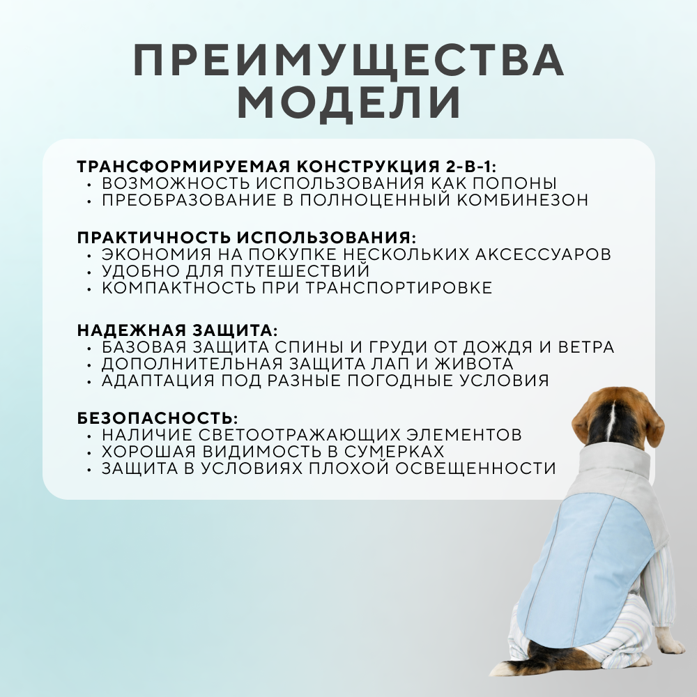 Дождевик-комбинезон для собак FOXIE Storm&Shine трансформер L (длина спины 40см) голубой