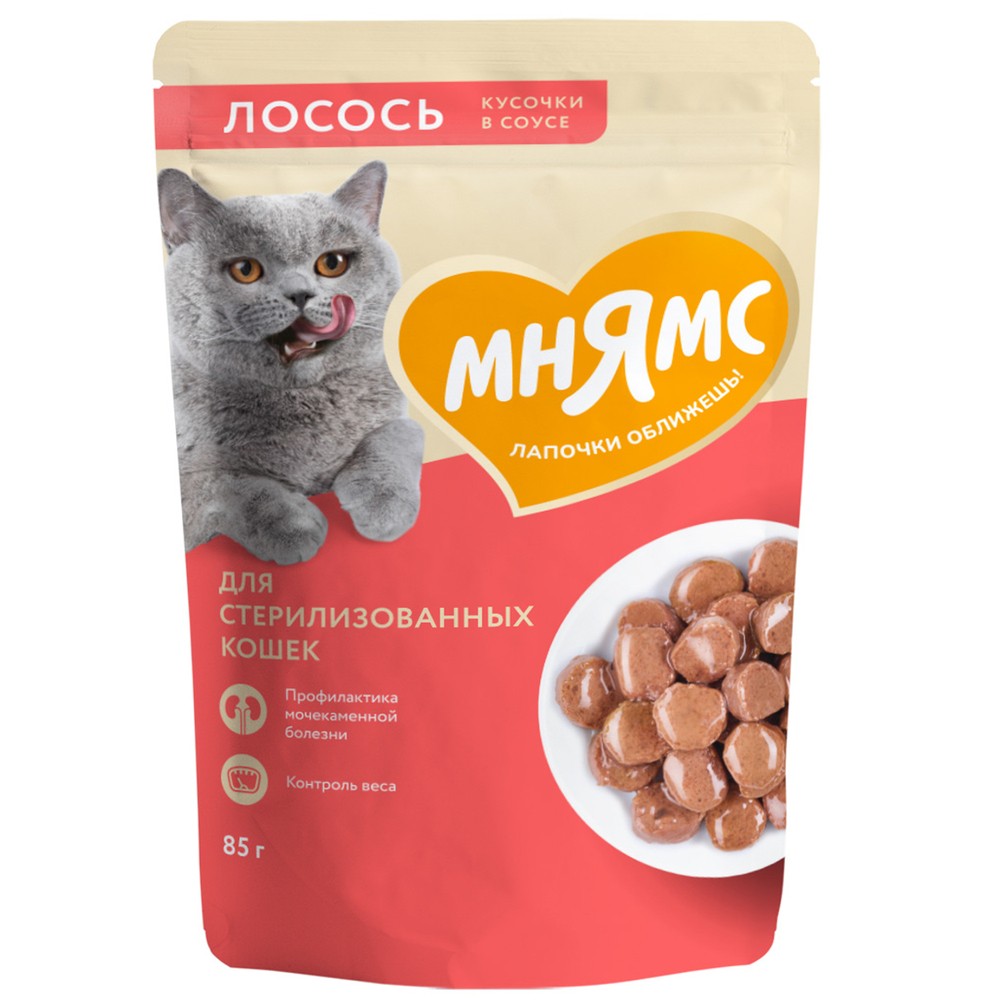 Корм для кошек МНЯМС для стерилизованных, кусочки в соусе с лососем пауч
