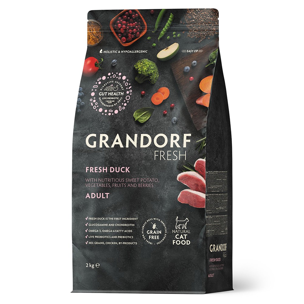 Беззерновой корм с живыми пробиотиками для кошек GRANDORF Fresh Cat Свежее мясо утки с бататом сух.
