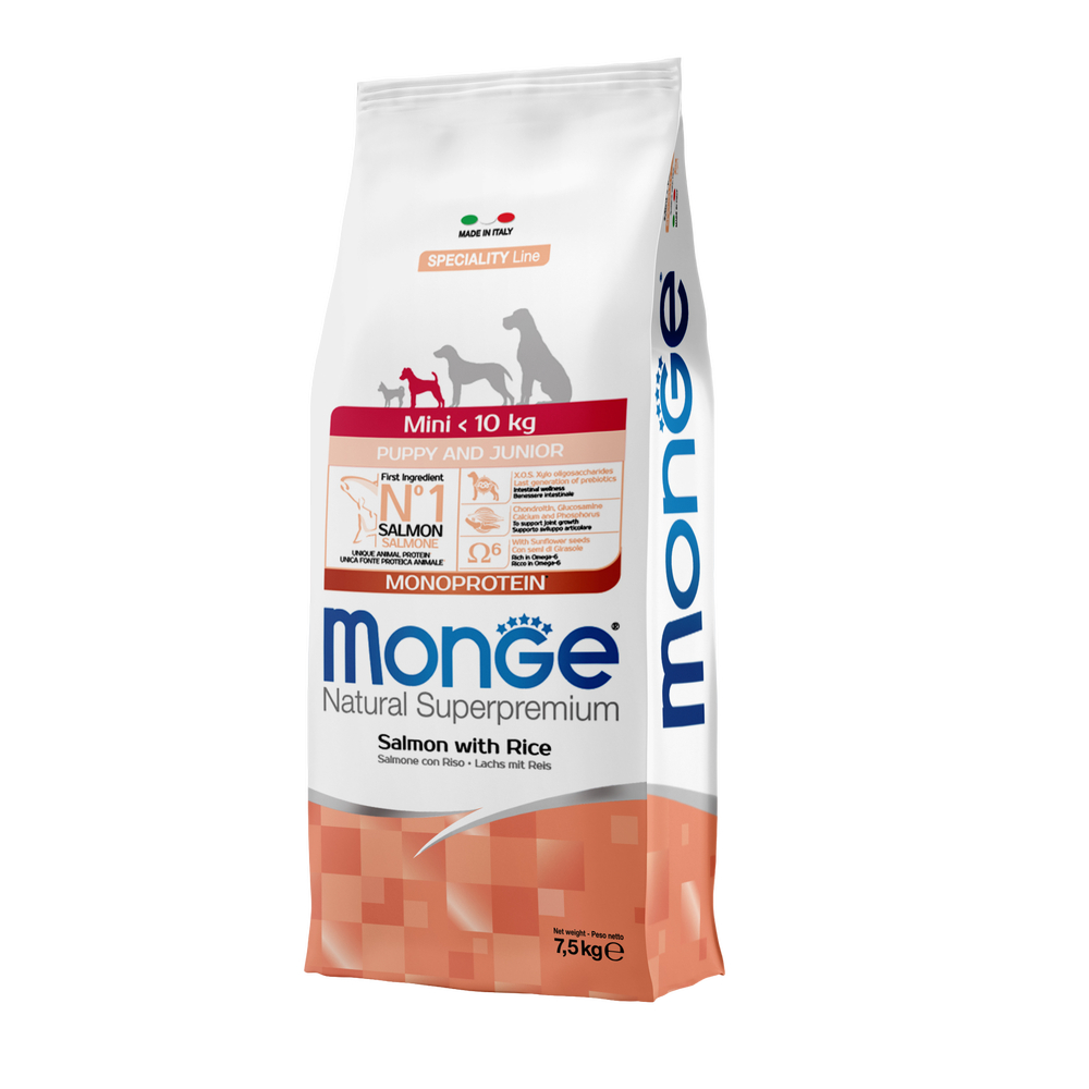 Корм для щенков MONGE Dog Speciality Line Monoprotein для мелких пород, из лосося с рисом сух.