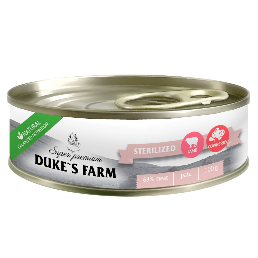 Корм для кошек DUKE'S FARM для стерилизованных, паштет ягненок, брусника банка