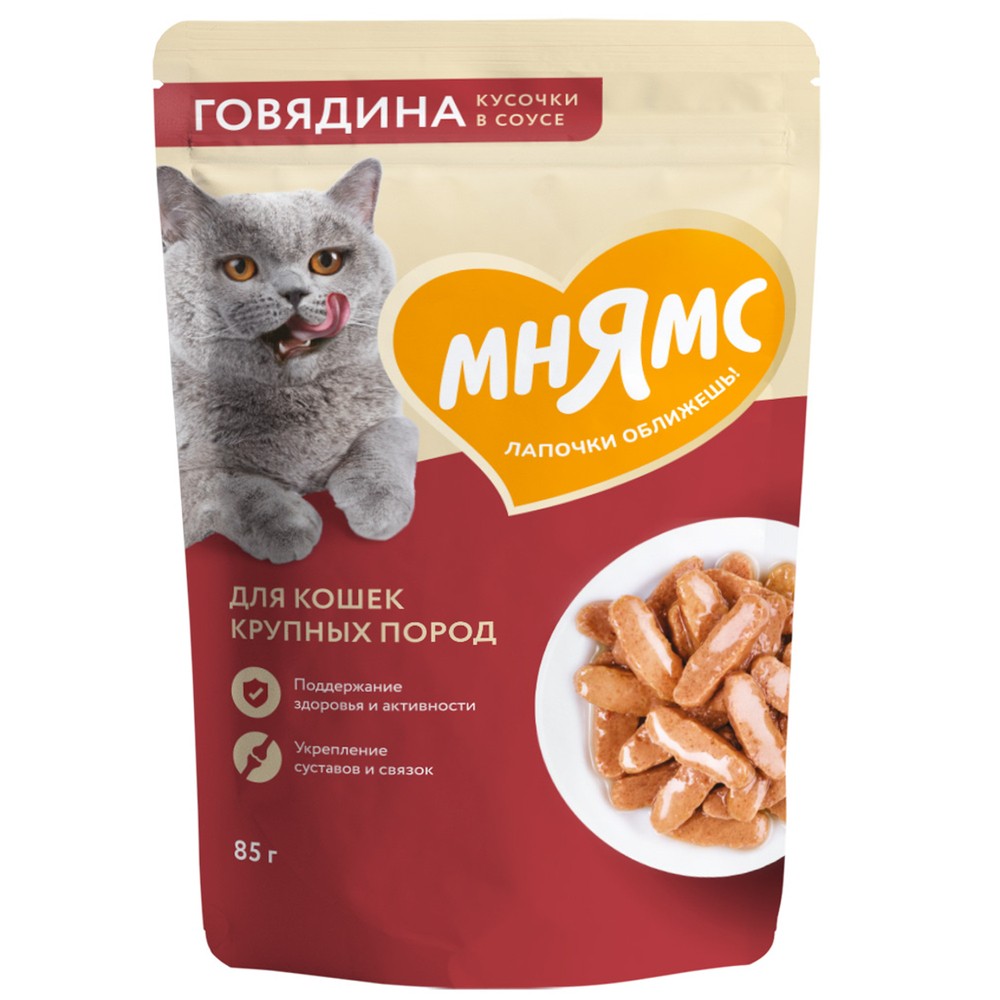 Корм для кошек МНЯМС для крупных пород, кусочки в соусе с говядиной пауч