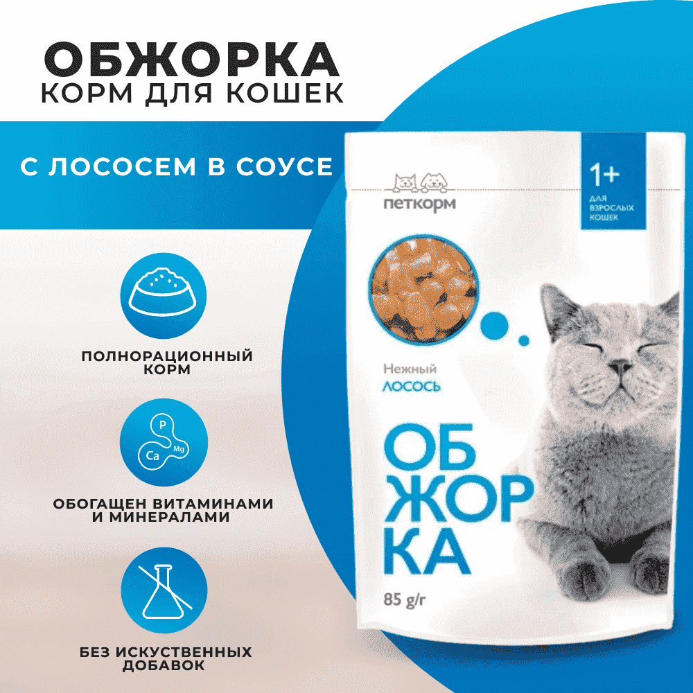 Корм для кошек ОБЖОРКА кусочки в соусе с лососем пауч
