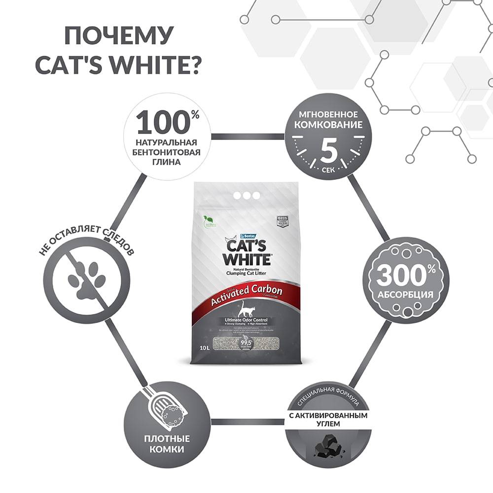Наполнитель для кошачьего туалета CAT'S WHITE Activated Carbon комкующийся с активированным углем 10л