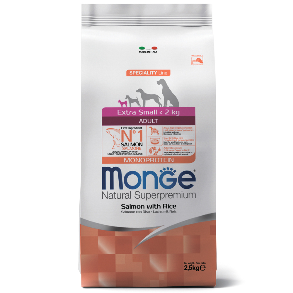 Корм для собак MONGE Dog Speciality Extra Small для миниатюрных пород лосось с рисом сух.