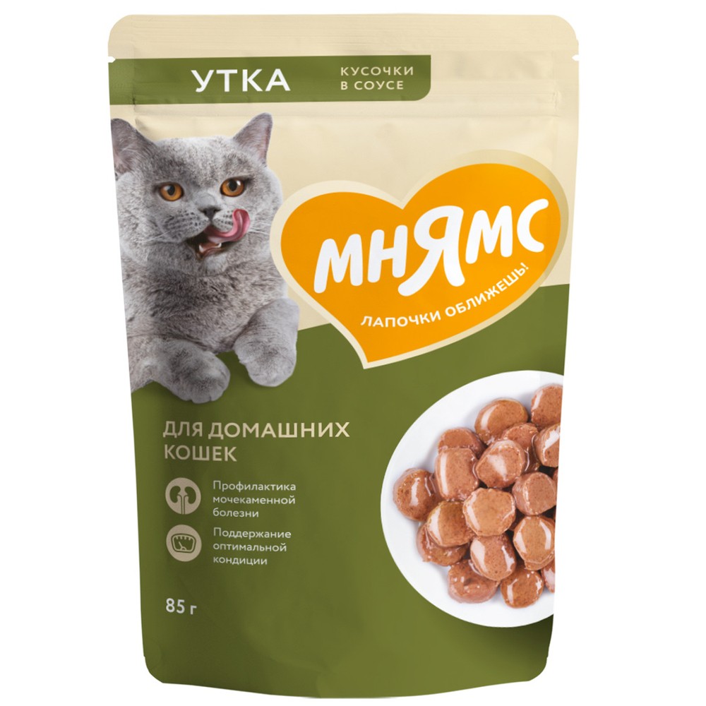 Корм для кошек МНЯМС для домашних, кусочки в соусе с уткой пауч